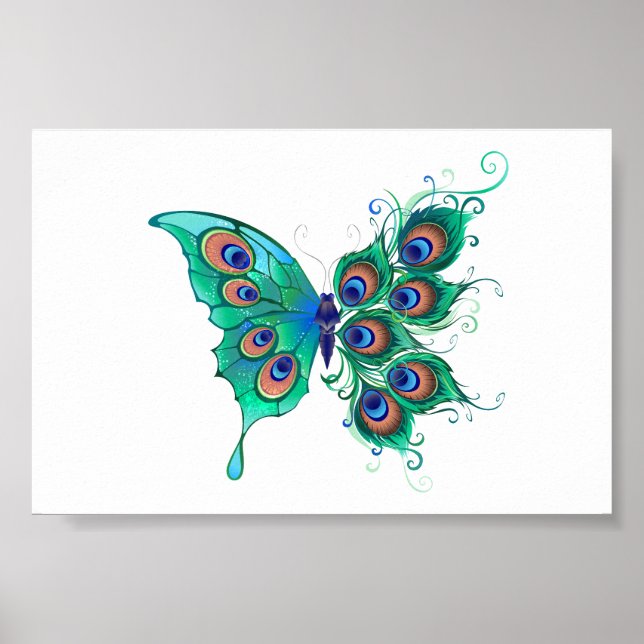 Schmetterling mit grünen Pfauenfedern Poster (Vorne)