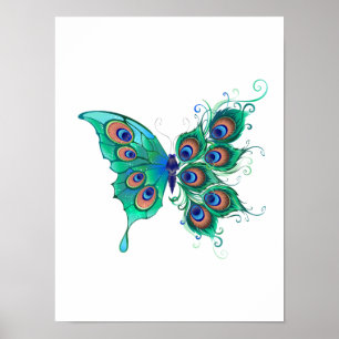 Schmetterling mit grünen Pfauenfedern Poster
