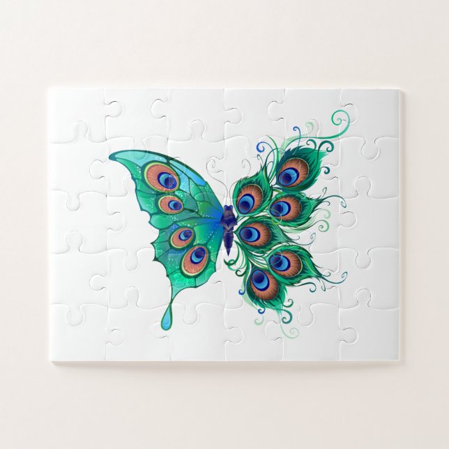 Schmetterling mit grünen Pfauenfedern Puzzle (Horizontal)