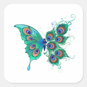 Schmetterling mit grünen Pfauenfedern Quadratischer Aufkleber