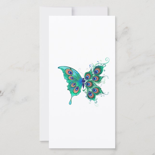 Schmetterling mit grünen Pfauenfedern Save The Date (Vorderseite)