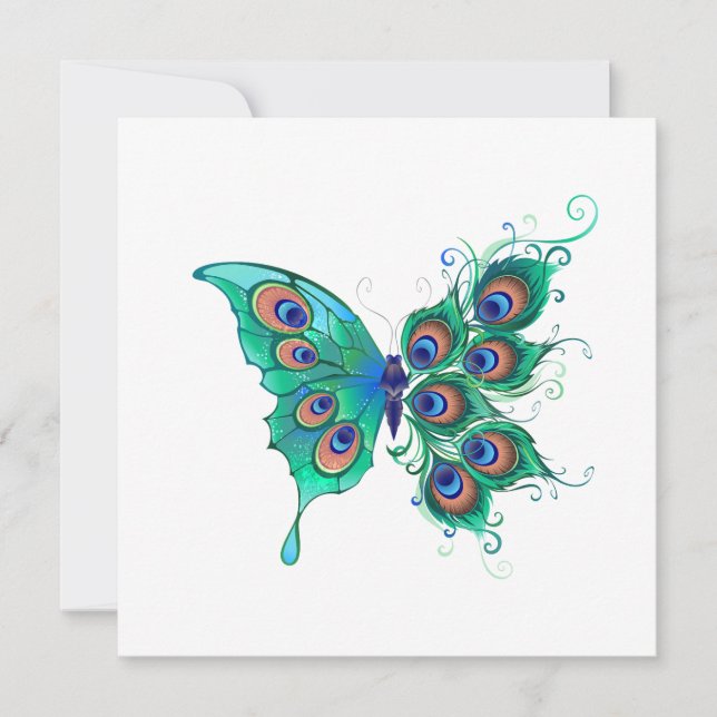 Schmetterling mit grünen Pfauenfedern Save The Date (Vorderseite)