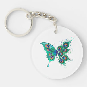Schmetterling mit grünen Pfauenfedern Schlüsselanhänger