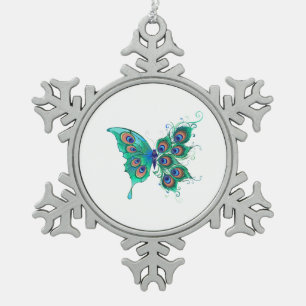 Schmetterling mit grünen Pfauenfedern Schneeflocken Zinn-Ornament