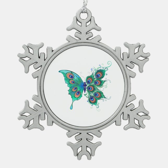 Schmetterling mit grünen Pfauenfedern Schneeflocken Zinn-Ornament (Vorderseite)