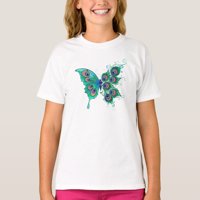 Schmetterling mit grünen Pfauenfedern T-Shirt (Vorderseite)