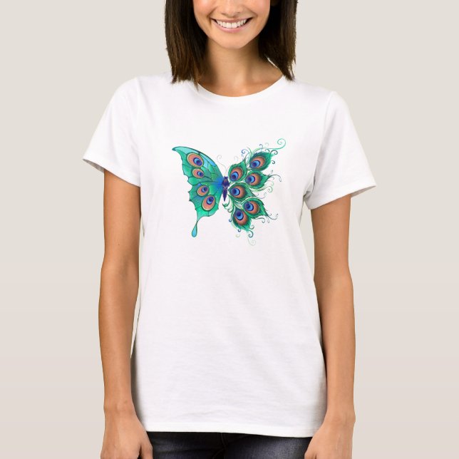 Schmetterling mit grünen Pfauenfedern T-Shirt (Vorderseite)