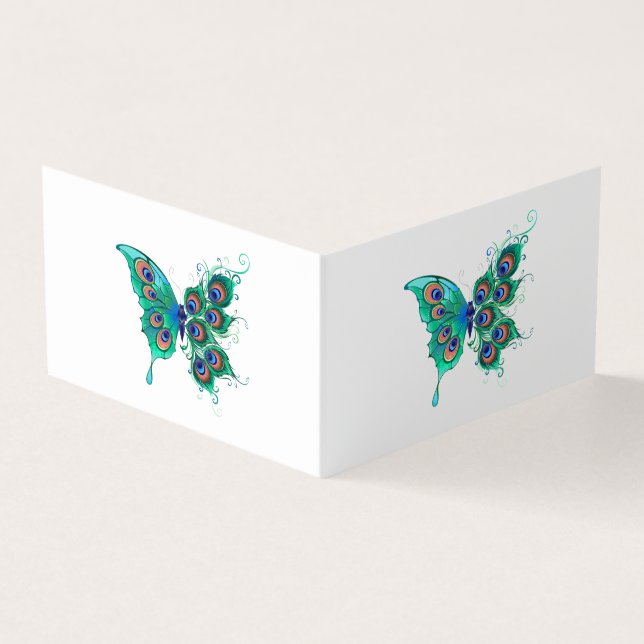 Schmetterling mit grünen Pfauenfedern Visitenkarten (Vorderseite)