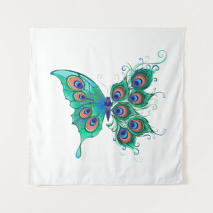 Schmetterling mit grünen Pfauenfedern Wandteppich