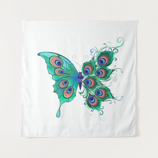 Schmetterling mit grünen Pfauenfedern Wandteppich (Vorderseite)