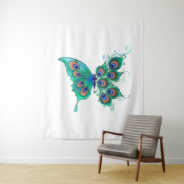 Schmetterling mit grünen Pfauenfedern Wandteppich (Beispiel)