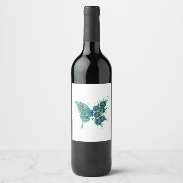 Schmetterling mit grünen Pfauenfedern Weinetikett (Vorderseite)