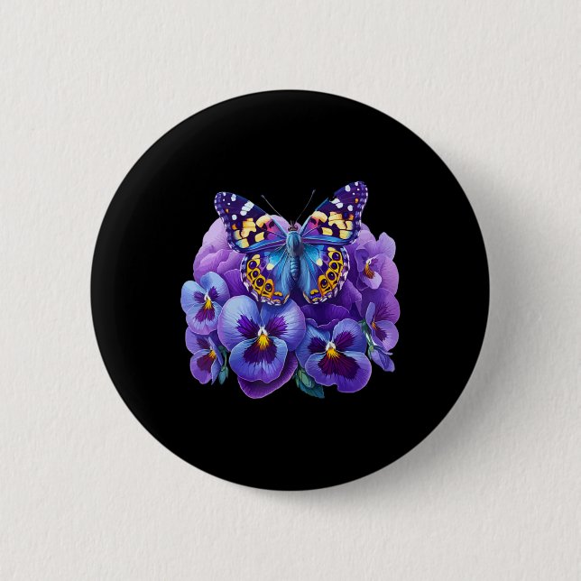 Schmetterling Mit Lila Blumen Stiefmütterchen Deme Button (Vorderseite)