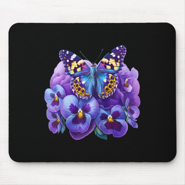 Schmetterling Mit Lila Blumen Stiefmütterchen Deme Mousepad (Vorne)