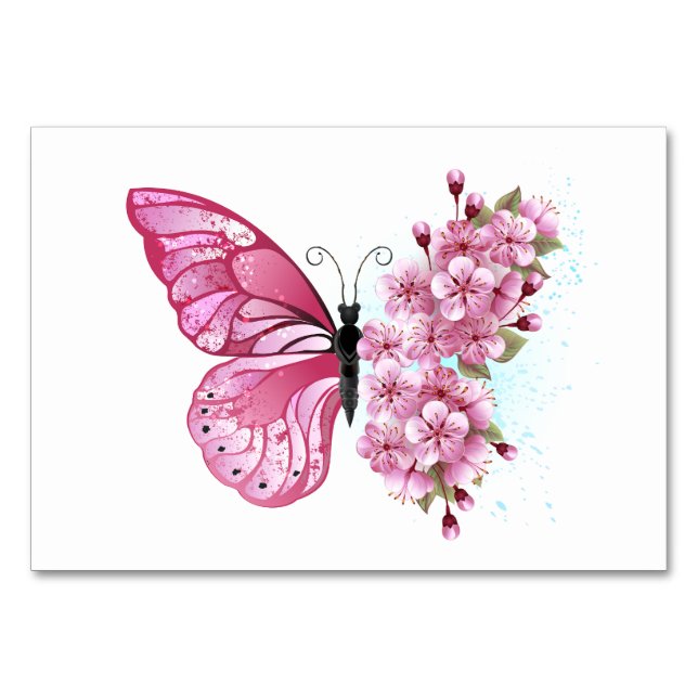 Schmetterling mit rosa Sakura Tischnummer (Vorderseite)