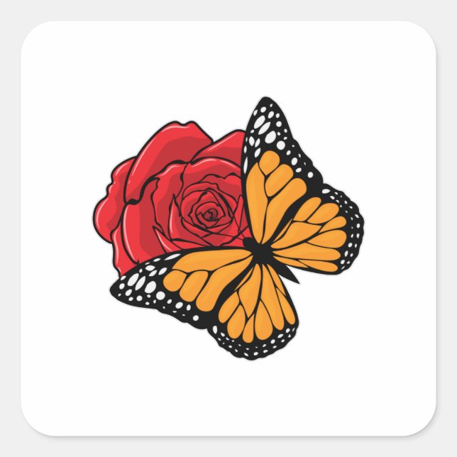 Schmetterling mit Rose Quadratischer Aufkleber (Vorderseite)