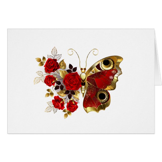 Schmetterling mit roter Blume und rote Rosen (Vorderseite (Horizontal))