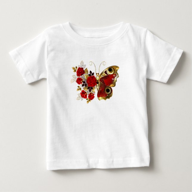 Schmetterling mit roter Blume und rote Rosen Baby T-shirt (Vorderseite)