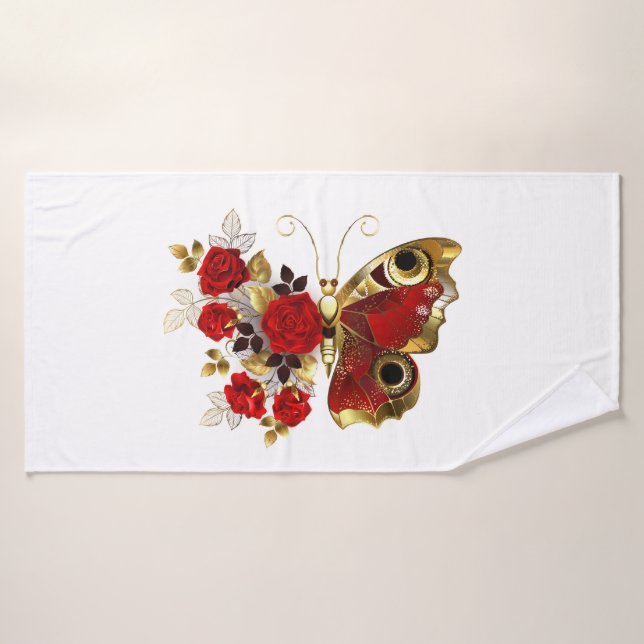 Schmetterling mit roter Blume und rote Rosen Badehandtuch (Badehandtuch)