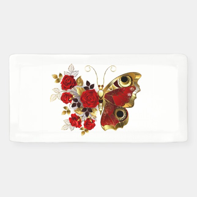 Schmetterling mit roter Blume und rote Rosen Banner (Horizontal)