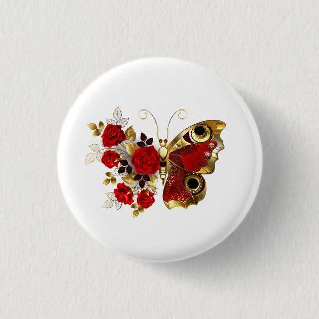 Schmetterling mit roter Blume und rote Rosen Button (Vorderseite)
