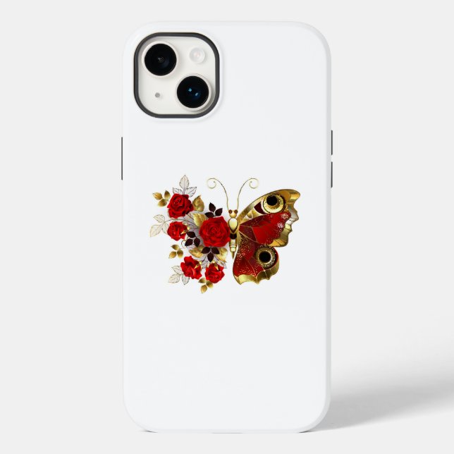 Schmetterling mit roter Blume und rote Rosen Case-Mate iPhone Hülle (Rückseite)