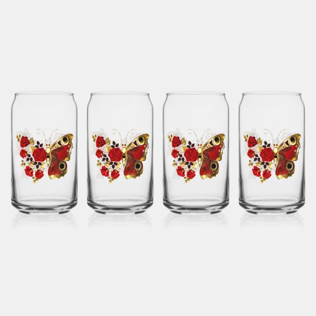 Schmetterling mit roter Blume und rote Rosen Dosenglas (Vorderseite)