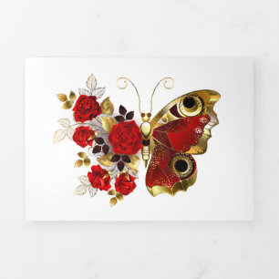 Schmetterling mit roter Blume und rote Rosen Dreifach Gefaltete Urlaubskarte