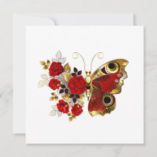 Schmetterling mit roter Blume und rote Rosen Feiertagskarte
