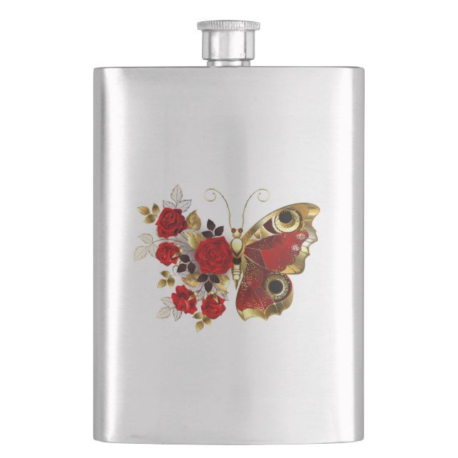 Schmetterling mit roter Blume und rote Rosen Flachmann (Vorderseite)