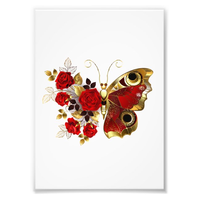 Schmetterling mit roter Blume und rote Rosen Fotodruck (Vorne)