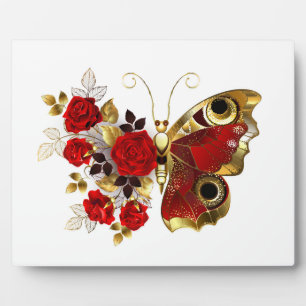 Schmetterling mit roter Blume und rote Rosen Fotoplatte