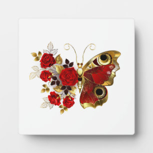 Schmetterling mit roter Blume und rote Rosen Fotoplatte