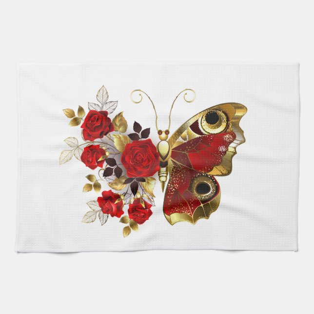 Schmetterling mit roter Blume und rote Rosen Geschirrtuch (Horizontal)