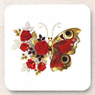 Schmetterling mit roter Blume und rote Rosen Getränkeuntersetzer