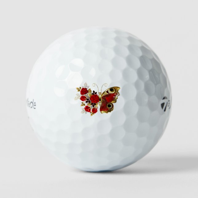 Schmetterling mit roter Blume und rote Rosen Golfball (Vorderseite)