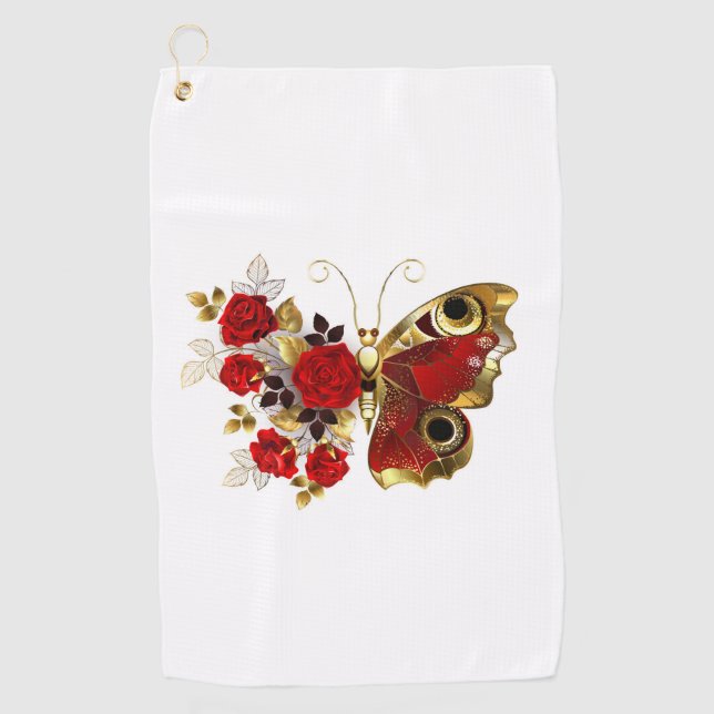 Schmetterling mit roter Blume und rote Rosen Golfhandtuch (Vorderseite)