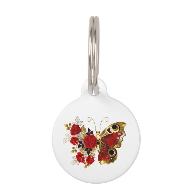 Schmetterling mit roter Blume und rote Rosen Haustiermarke (Vorderseite)