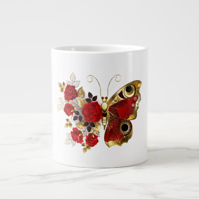 Schmetterling mit roter Blume und rote Rosen Jumbo-Tasse (Vorderseite)