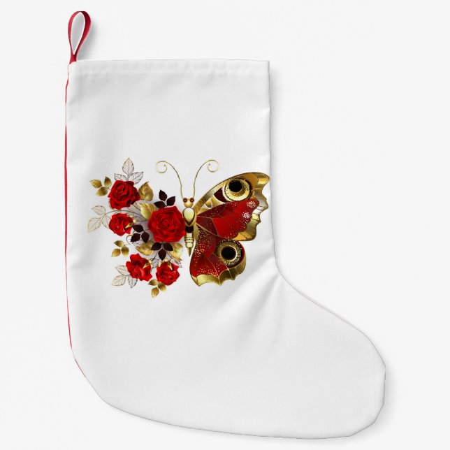 Schmetterling mit roter Blume und rote Rosen Kleiner Weihnachtsstrumpf (Vorderseite)