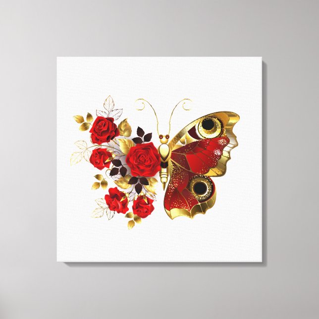 Schmetterling mit roter Blume und rote Rosen Leinwanddruck (Vorderseite)