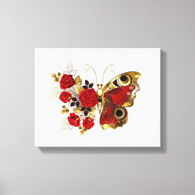 Schmetterling mit roter Blume und rote Rosen Leinwanddruck (Vorderseite)