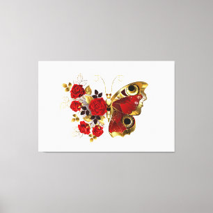 Schmetterling mit roter Blume und rote Rosen Leinwanddruck