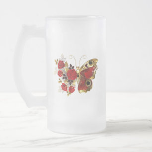 Schmetterling mit roter Blume und rote Rosen Mattglas Bierglas