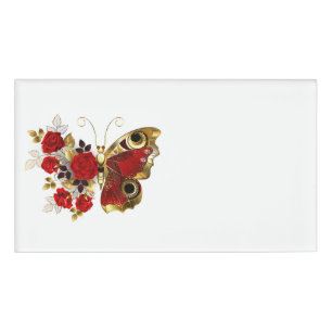 Schmetterling mit roter Blume und rote Rosen Namenschild