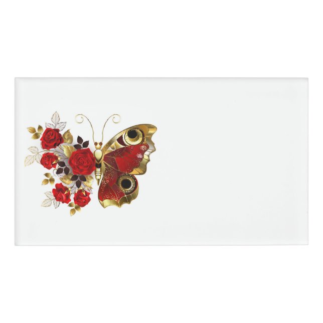 Schmetterling mit roter Blume und rote Rosen Namenschild (Vorderseite)
