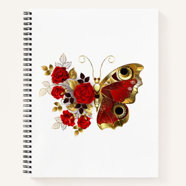 Schmetterling mit roter Blume und rote Rosen Notizbuch (Vorderseite)