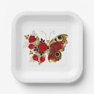 Schmetterling mit roter Blume und rote Rosen Pappteller