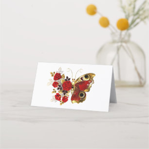 Schmetterling mit roter Blume und rote Rosen Platzkarte