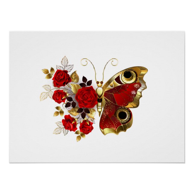 Schmetterling mit roter Blume und rote Rosen Poster (Vorderseite)